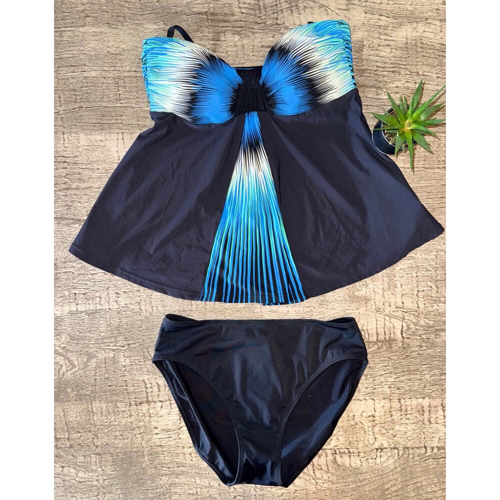 Gottex Contour Black Tankini Swim Set Sz 6 Flowy A-Line Top, Retro Poolside Glam